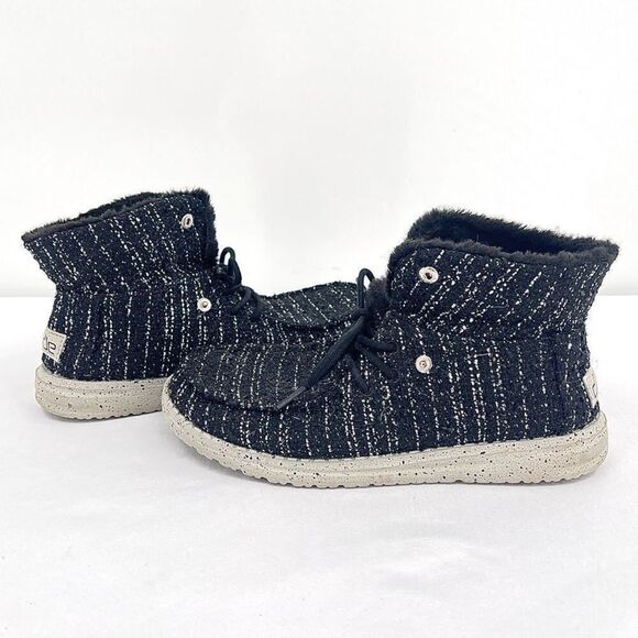 Hey Dude Britt Boucle Black Metallic Thread Fur Cuff Lined Ankle Boots Size 6 - Picture 10 of 11